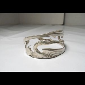 Antique Art Nouveau Silver Double Kissing Cranes Birds Cuff Bracelet